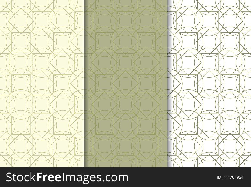 Olive Green And White Geometric Ornaments. Set Of Seamless Patterns