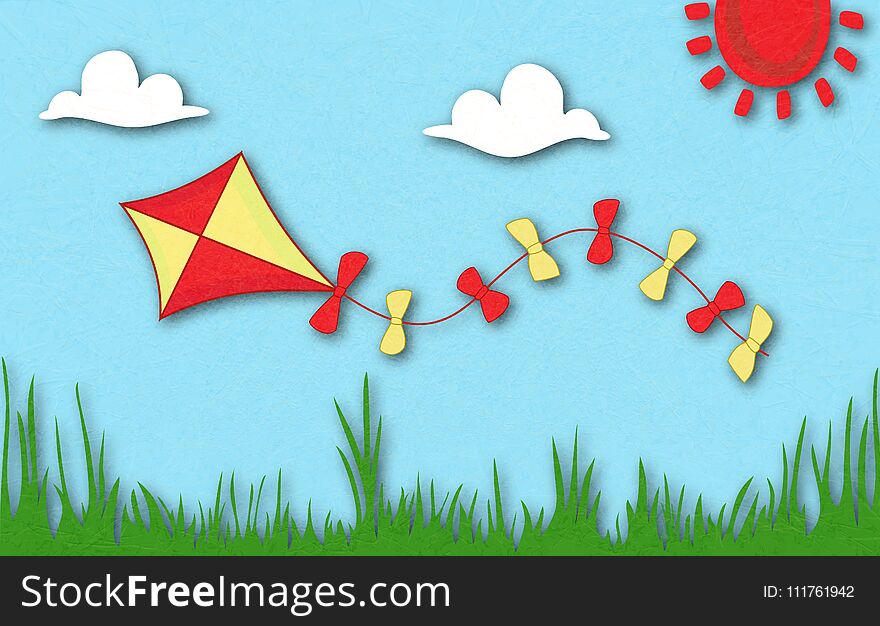 Colored Kite Flies On Background Of Spring Sunny Meadow.