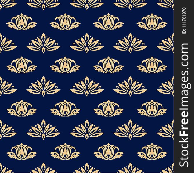 Floral background with golden blue seamless pattern. Design for wallpapers and textile