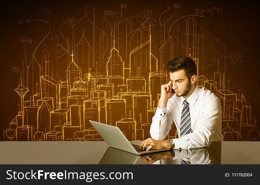 Businessman With Buildings And Numbers