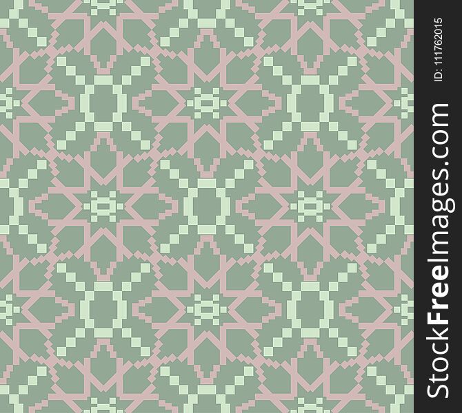 Geometric seamless pattern. Olive green background with pale pink elements for wallpapers, textile and fabrics