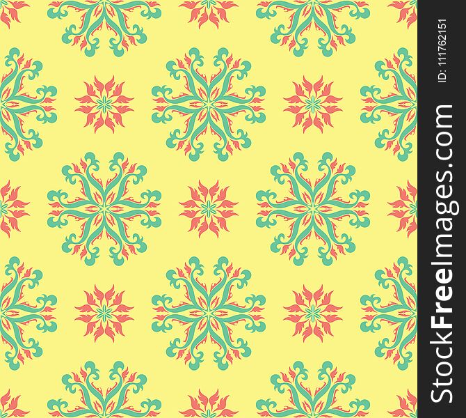 Yellow Floral Seamless Pattern. Colored Background With Pink And Green Flower Design