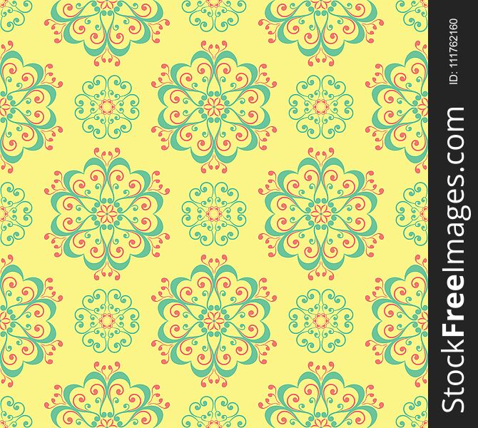 Seamless pattern with floral design. Bright yellow background with pink and green flower elements for wallpapers, textile and fabrics