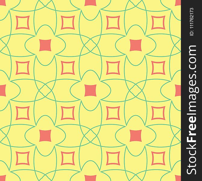 Geometric seamless pattern. Yellow background with pink and green design for wallpapers, textile and fabrics