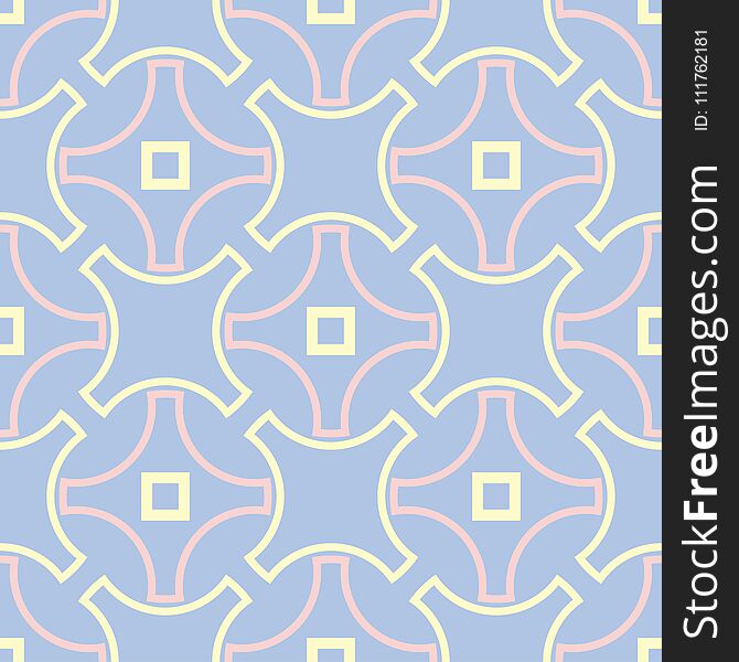 Geometric seamless pattern. Pale blue background with beige and pink elements for wallpapers, textile and fabrics