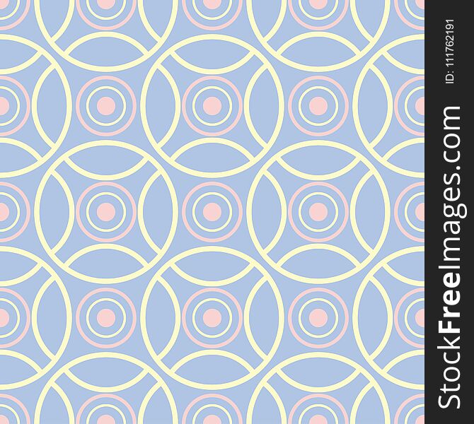 Geometric blue seamless pattern with beige and pink elements, for wallpapers, textile and fabrics