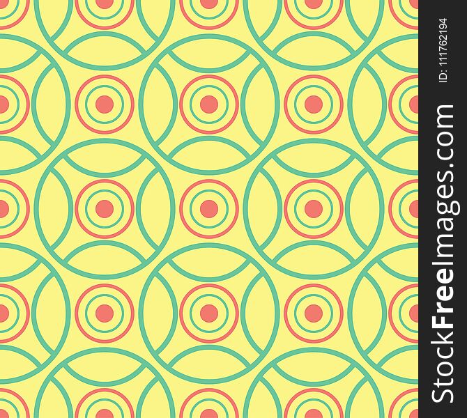 Seamless Pattern With Geometric Green And Pink Elements. Yellow Multi Colored Background