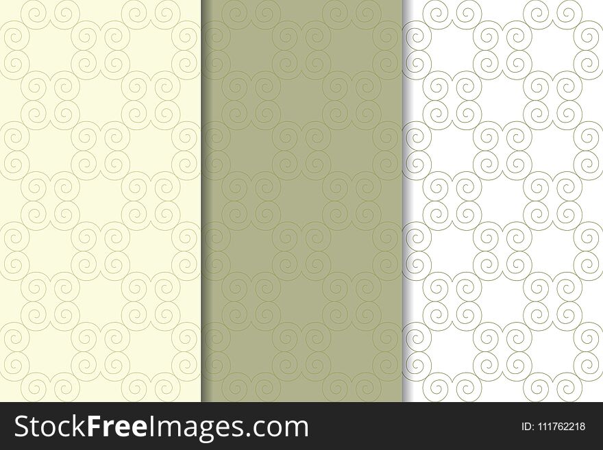 Olive Green And White Geometric Ornaments. Set Of Seamless Patterns