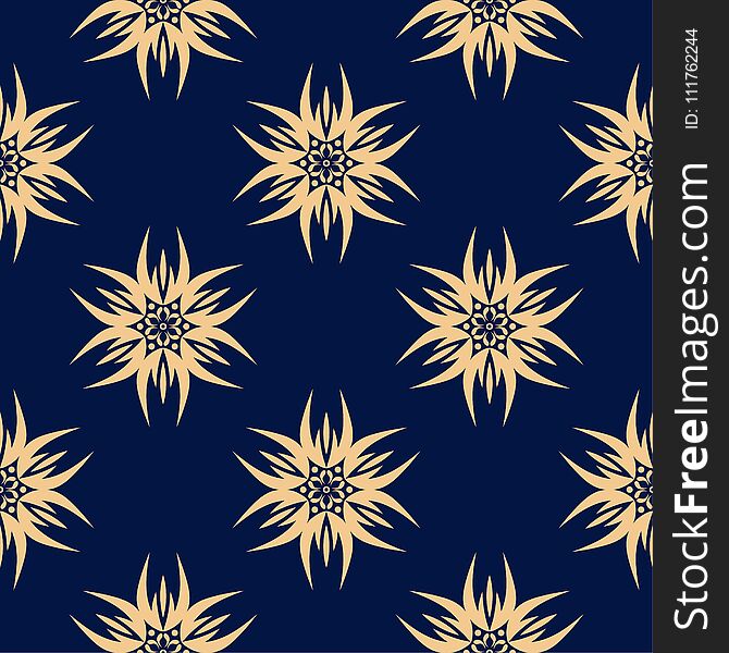 Golden flowers on blue background. Ornamental seamless pattern