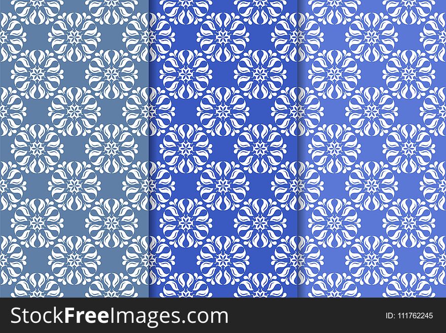 Set of floral ornaments. Blue vertical seamless patterns. Wallpaper backgrounds. Set of floral ornaments. Blue vertical seamless patterns. Wallpaper backgrounds
