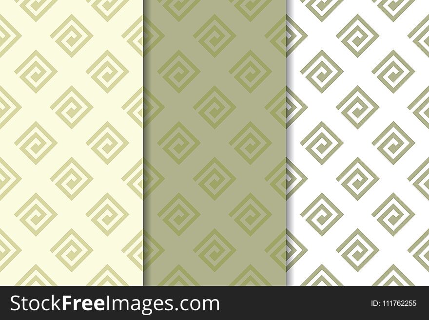 Olive green and white set of geometric seamless patterns