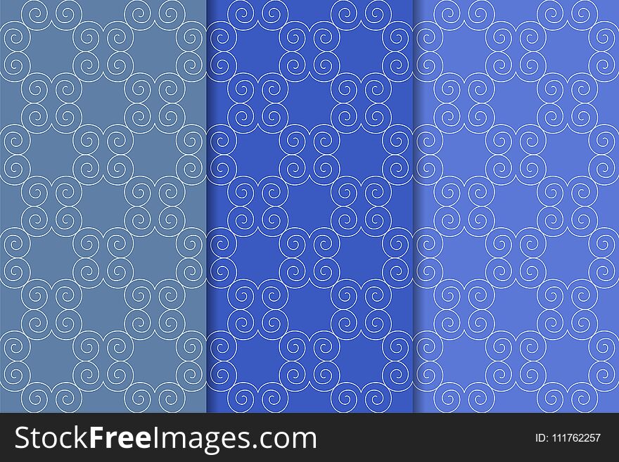 Blue geometric ornaments. Set of vertical seamless patterns for web, textile and wallpapers. Blue geometric ornaments. Set of vertical seamless patterns for web, textile and wallpapers