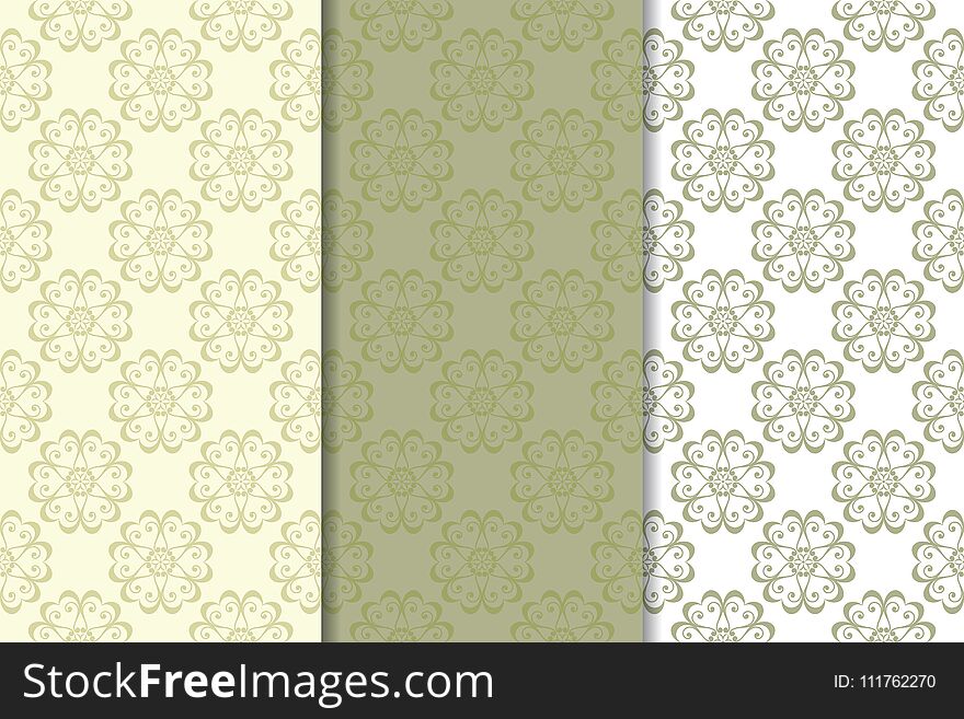 Olive green floral designs. Set of seamless patterns for textile and wallpapers