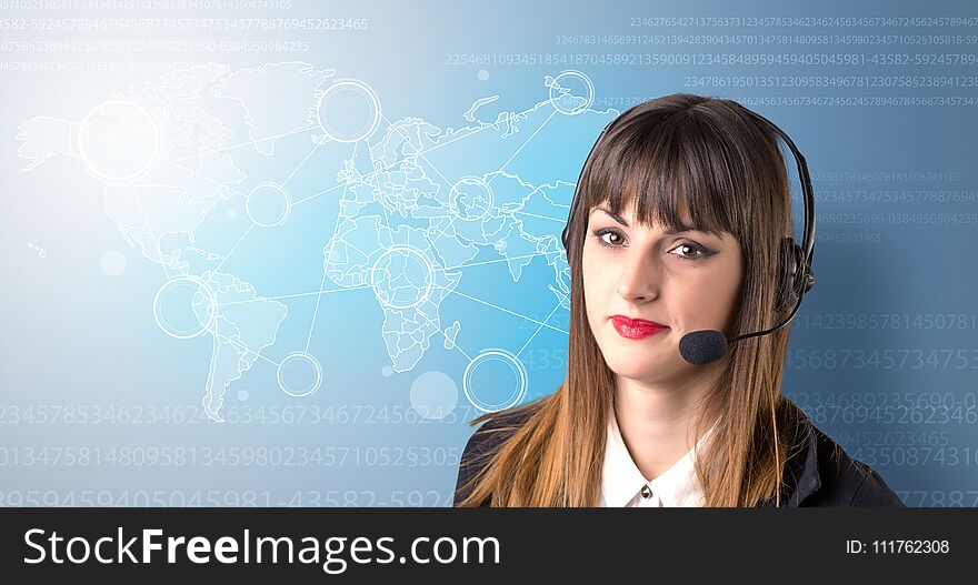 Young female telemarketer with blue background and world map and numbers behind her