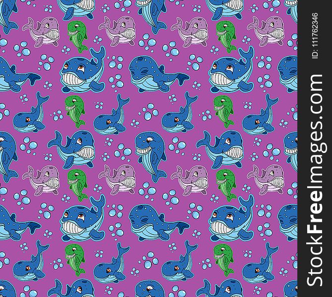 Seamless illustration of fish whale pattern purple background