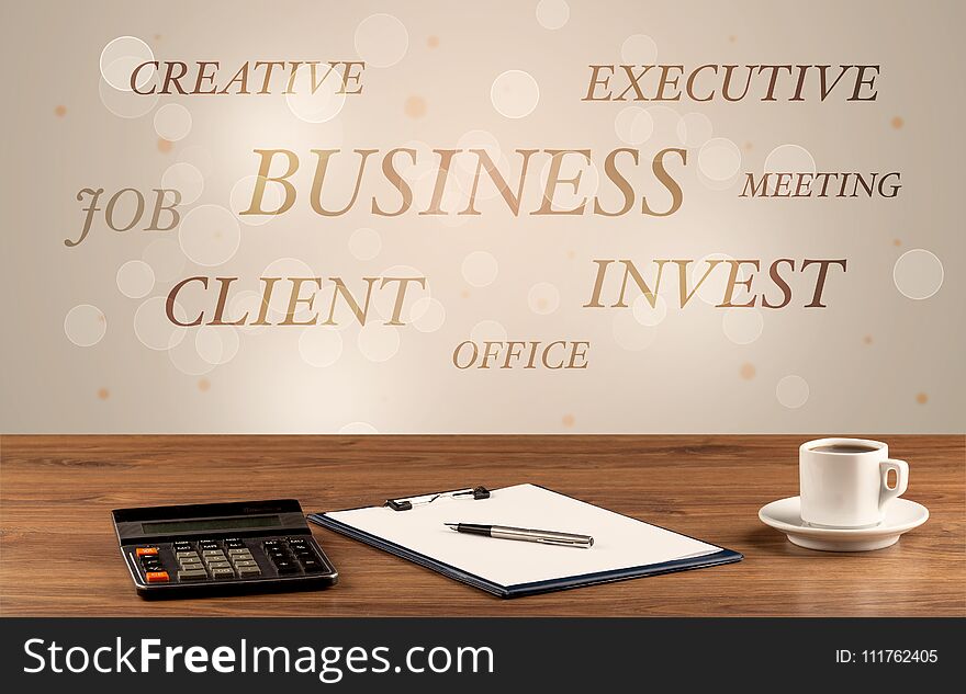 Business job office concept with close up wooden desk and materials, papers and electronic equipement. Business job office concept with close up wooden desk and materials, papers and electronic equipement