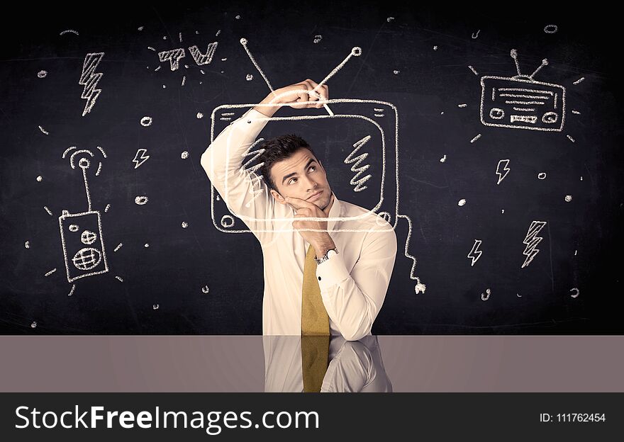 Happy Businessman Drawing Tv And Radio