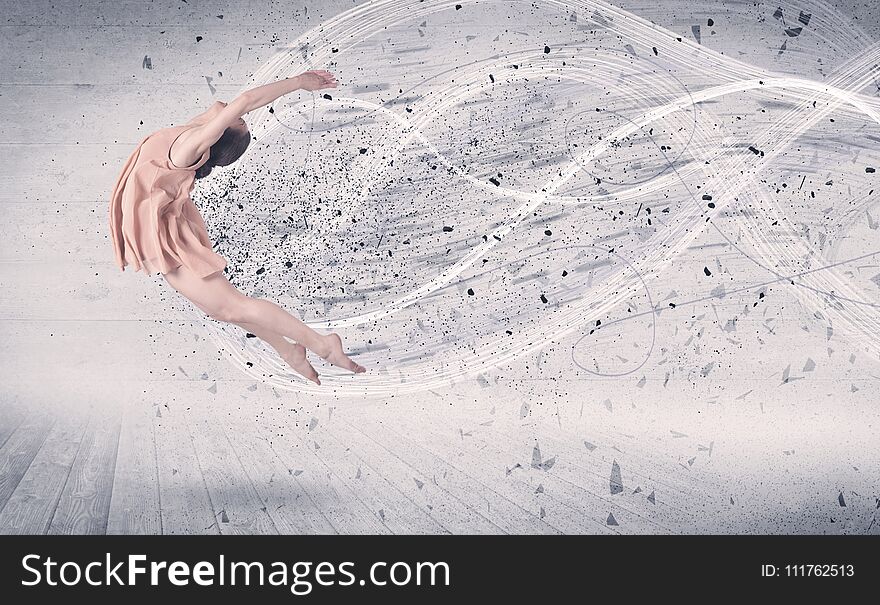 Performance ballet dancer jumping with energy explosion grungy particles concept on background. Performance ballet dancer jumping with energy explosion grungy particles concept on background