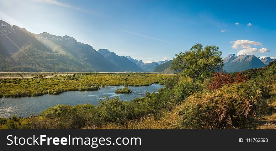 Sun Rays Over Glenorchy Lagoon In New Zealand