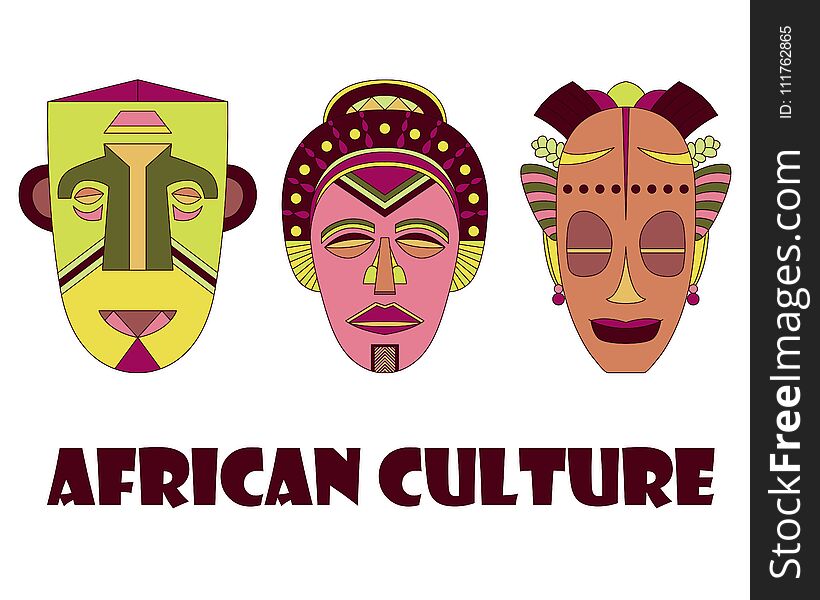 Set of three traditional African masks on a white background.