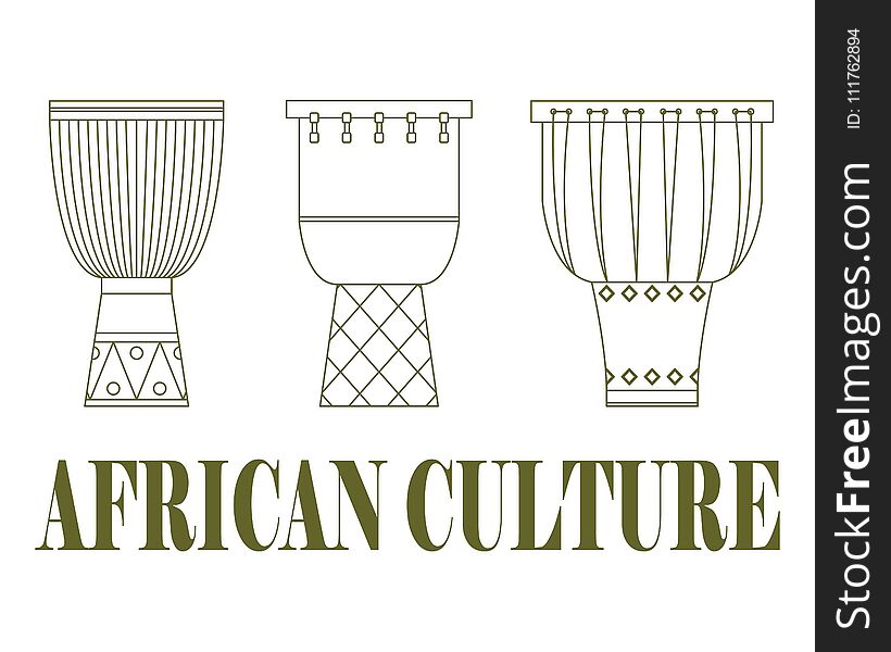 Set of three traditional African drums on a white background.