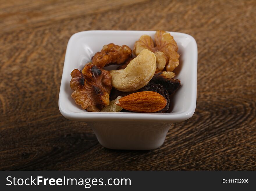 Nut mix heap in the bowl over wood background