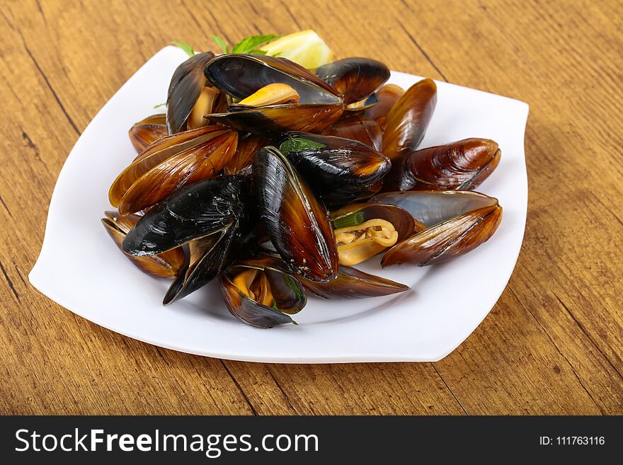 Boiled mussels with parsley on the wood background