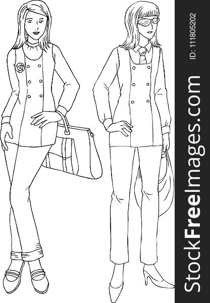 Women Vest Formal Wear Line Art Illustration for many purpose such as fashion book, blog, website and so on, adult coloring book, print on paper, canvas, clothes, etc. EPS 10 file format.