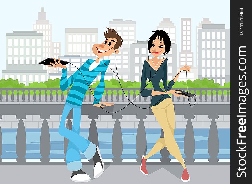 Vector illustration of young couple in headphones
