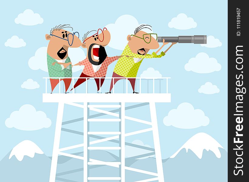 Vector illustration of three men on a watchtower