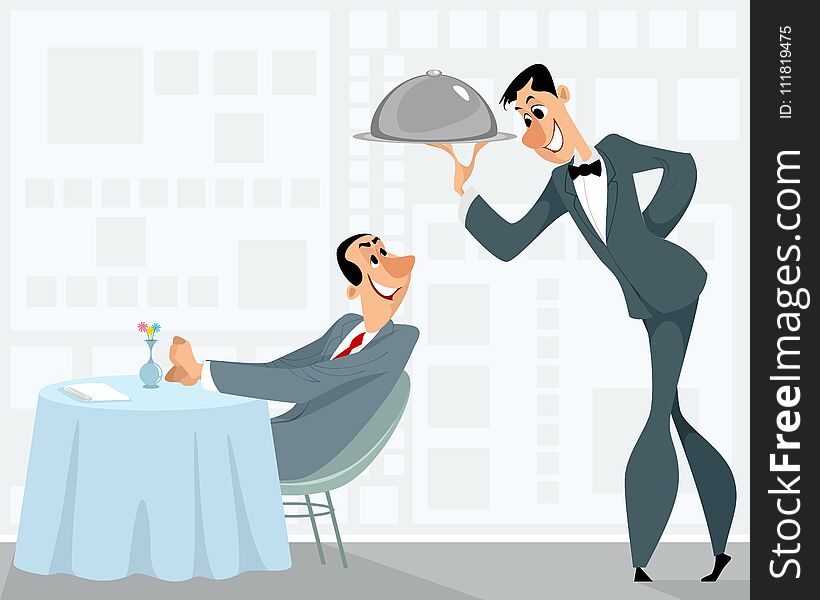 Vector illustration of a waiter and a satisfied customer. Vector illustration of a waiter and a satisfied customer