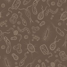 Seamless Illustration With Contour Images Of Bacteria, Germs And Viruses ,beige Outline On A Brown Background Royalty Free Stock Photo