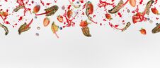 Various Flying Or Falling Berries With Red Chard Leaves And Splash Of Juice On White Background, Banner Stock Image