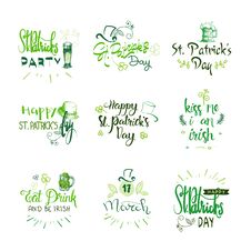 Happy St. Patricks Day Badges Set, Hand Drawn Irish Holiday Lettering Typography Icon Stock Image