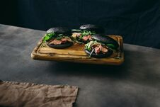 Set Black Burger Beef Medium Rare, Spinach, Green Sauce Microgreens Royalty Free Stock Images Set Black Burger Beef Medium Rare, Spinach, Green Sauce Microgreens Royalty Free Stock Images