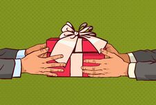 Hands Giving Gift To Another Greeting With Holiday, Red Present Box With Ribbon And Bow Over Comic Vintage Background Royalty Free Stock Photo