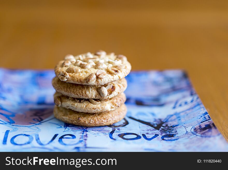 Cookies With Peanuts On A Blue Plate. Cookies Close-up. The Inscription On The Plates Love.