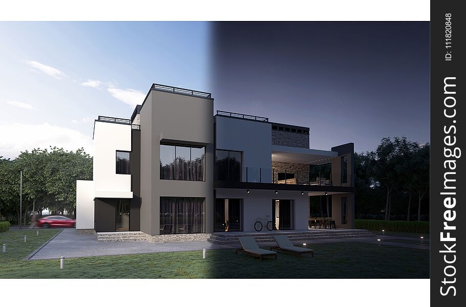 3d render of a modern private house, back yard view with sun loungers, car, bicycle, green lawn, people, terrace, fire place