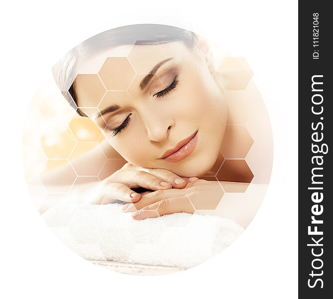 Young and beautiful woman in spa. Collage with honeycomb mosaic tiles. Healing and massaging concept.