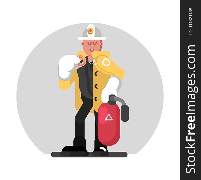 Fireman standing with fire extinguisher. Vector illustration, EPS 10