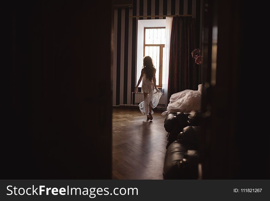 Silhouette Of A Girl With A Beautiful Figure That Walks Around The Room