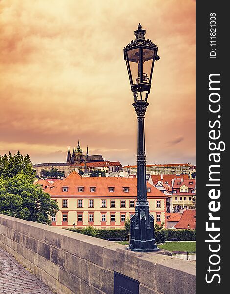 Beautiful evening sunset scenery Of the Old Town and Charles Bridge over Vltava river in Prague, Czech Republic