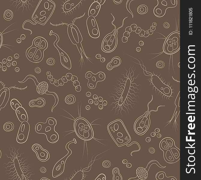Seamless illustration with contour images of bacteria, germs and viruses ,beige outline on a brown background