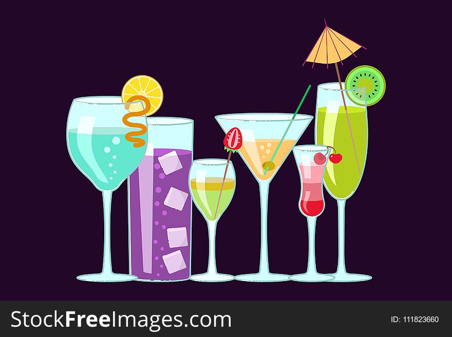 Set of exotic alcoholic cocktails in flat design. Vector illustration eps10