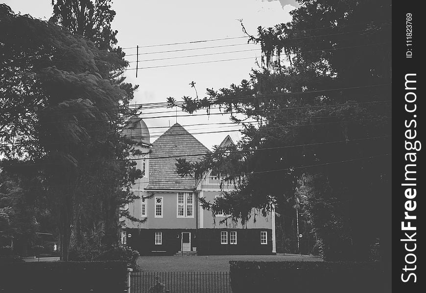 Grayscale Photo of White Concrete Building