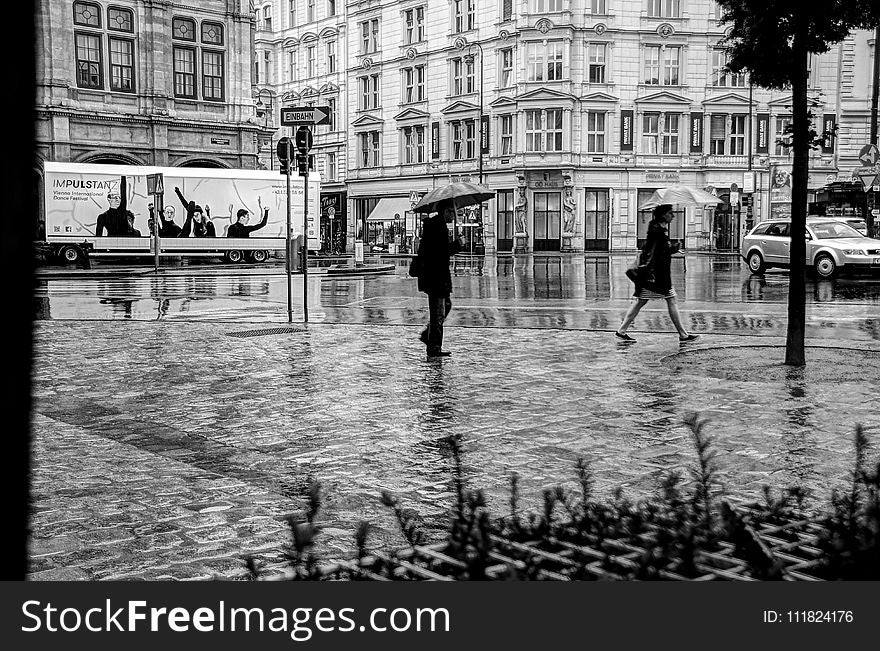 Man And Woman Walking On Road While Holding Umbrella