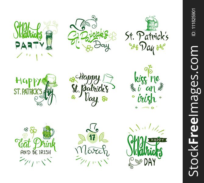 Happy St. Patricks Day Badges Set, Hand Drawn Irish Holiday Lettering Typography Icon