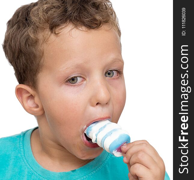 Boy eating ice cream on a white background .