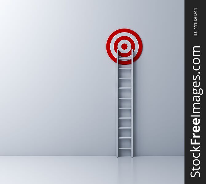 Ladder and the red target on white wall background
