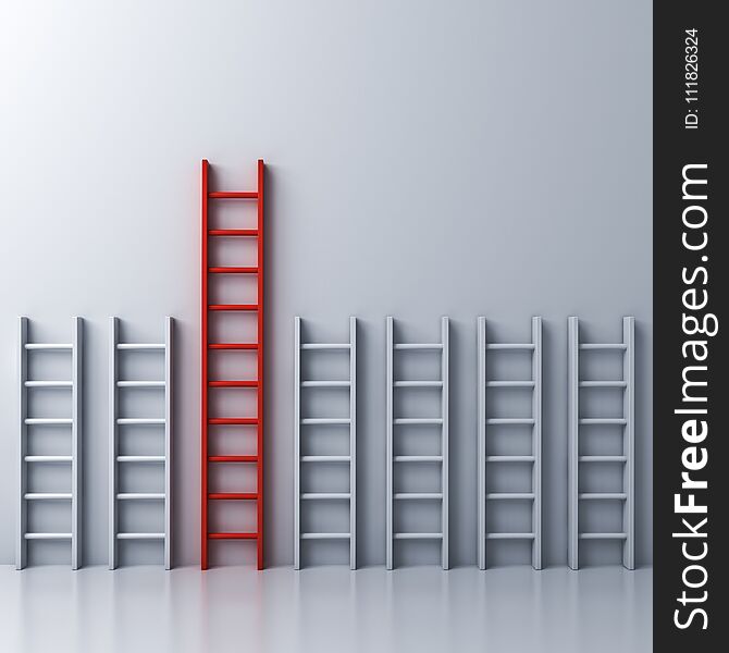 Longest red ladder among other short white ladders on white wall background